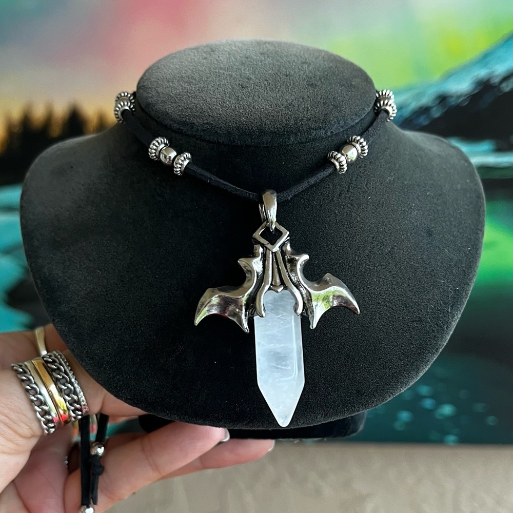 Adjustable black suede necklace bat vampire charm crystal quartz stone boho goth